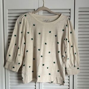 LOFT Cream Puff Sleeve Shamrock Top